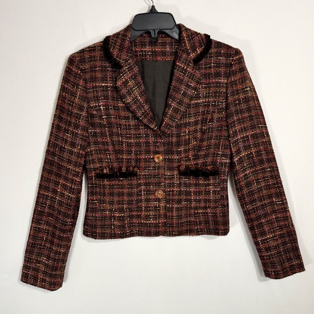 VTG Y2K Express Tweed Skirt Suit Set Size 8 6 Velvet Fringe Trim Preppy Sorority - Picture 9 of 16